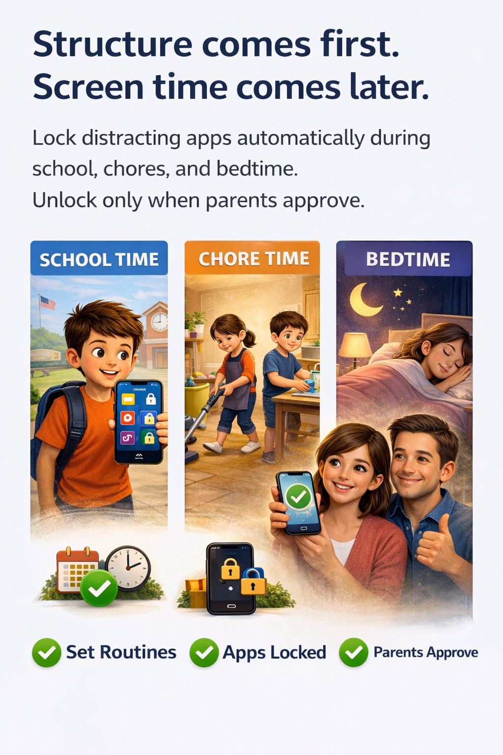 Chores app interface showing scheduled app locks for family routines